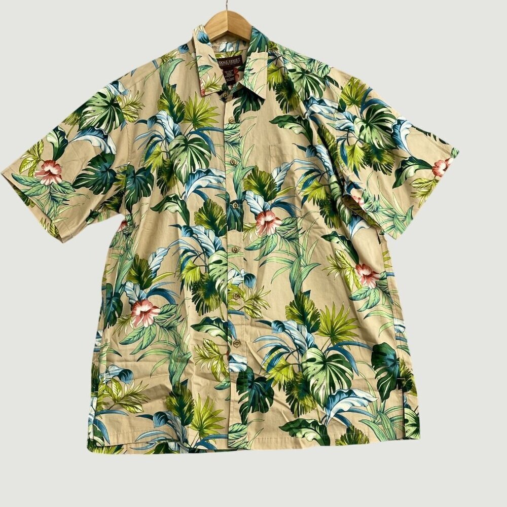 Cooke Street Men's L Hawaiian Islands Beige Hawaiian Shirt Tropical Floral n1100